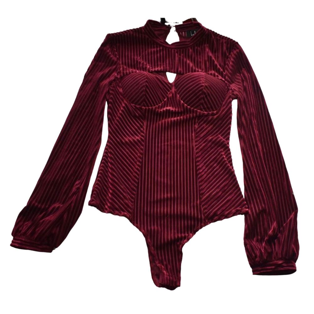Lulus Sweetheart Cutout Long Sleeve Velvet Bodysuit Burgundy Womens Small
